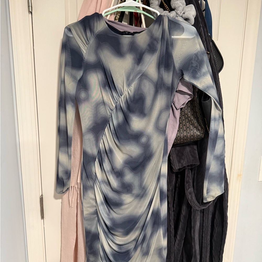 Zara Tie Dye Blue and White Mesh Long Sleeve Dress